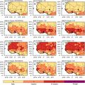 Hitzestress in Westafrika für den Referenzzeitraum 1979-2005, das 1.5 °C globale Erwärmungszenario (b, e, h, and k), und für das 2 °C globale Erwärmungsszenario. Lizenz: CC BY
