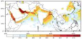 Kühlgrenztemperaturen 1979-2015 Geographische Verteilung der maximalen Kühlgrenztemperaturen in Süd-Asien Lizenz: CC BY-NC