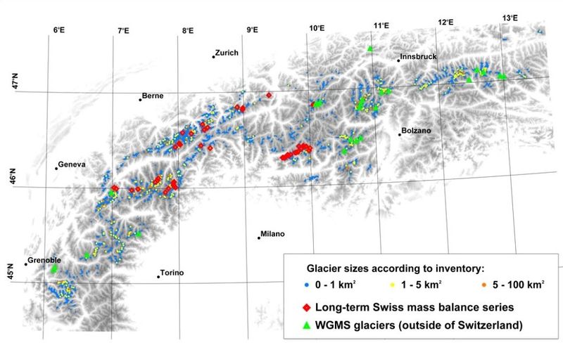 Datei:Überblick über die Gletscherbedeckung und die Gletschermassenbilanz in den Europäischen Alpen.jpg