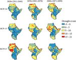 Häufigkeit Dürre Ostafrika für das RCP2.6-, RCP4.5 and RCP8.5-Szenario in 2011–2040, 2041–2070, und 2071–2099 im Vergleich zu 1981-2010. . Lizenz: CC BY-NC 3.0