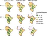 Änderung der Häufigkeit von Dürren in Ostafrika für das RCP2.6-, RCP4.5 and RCP8.5-Szenario in 2011–2040, 2041–2070, und 2071–2099 im Vergleich zu 1981-2010. Lizenz: CC BY-NC 3.0