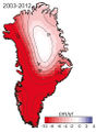 Eisverlust 2003-2012 Eisverlust nach GRACE-Messungen in cm Wasseräquivalent pro Jahr. Lizenz: IPCC-Lizenz